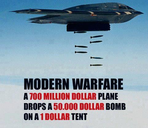Modern warfare a 700 million dollar plane drops a 50000 dollar bomn on a dollar tent