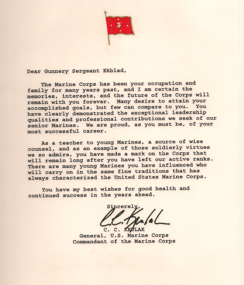 Retirement letter from the commandant of the marine corps